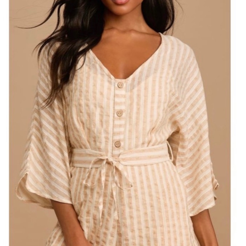 LULUS Weekend At The Beach Tan Striped 3/4 Sleeve Romper small